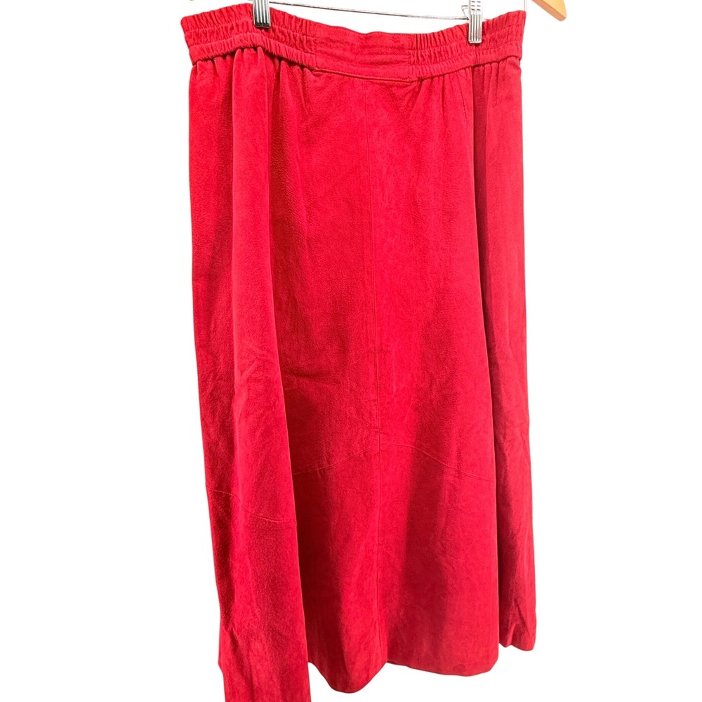 Vtg Pia Rucci Genuine Leather Suede Skirt Red Elastic Waist Midi Size L‎